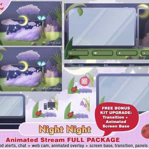 animated night small world twitch package: cute overlays, kawaii panels, alerts, webcam, stream pack, purple, butterflies, star, moon, cloud
