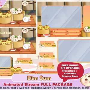 animated dim sum bao twitch package, face cam twitch overlay, twitch panels, twitch alerts, webcam, scene, discord, food, stream, tea, cute