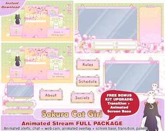 Animated sakura kitty cat girly twitch package, kawaii twitch overlays, panels, alerts, cute overlay, streamer pack, twitch layout, banners
