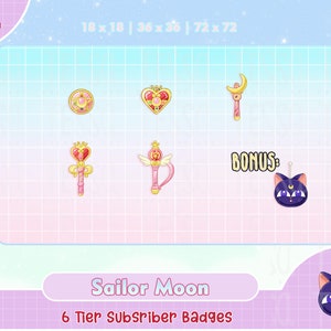 sailor moon twitch badges, cute twitch sub badge, twitch sub badges, twitch badges, kawaii sub badges twitch, anime sub badges, cute badge