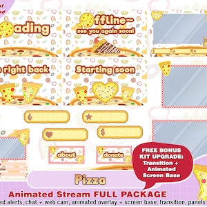 animated pizza twitch package, cute twitch overlay, pizza twitch panels, twitch alerts, fast food overlays, pizza twitch overlay, foodie