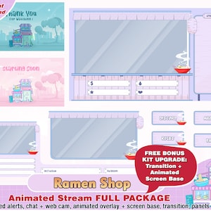 Animated ramen shop twitch package, kawaii twitch overlay, panels, alerts, cute overlays, streamer pack, gaming, food, noodle, japanese art