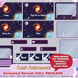 paquete de contracción de astronauta de galaxia animada, superposición de contracción de cámara, paneles, alertas de contracción, linda, kawaii, pantalla oscura estética, planeta, estrellas