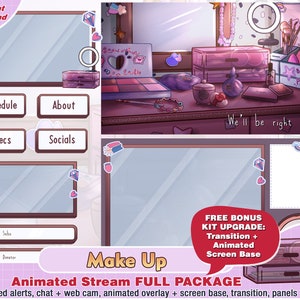 Animated make up cute twitch package for youtuber vtuber streamer to stream included: twitch overlay, panels, alerts, webcam, scene pack