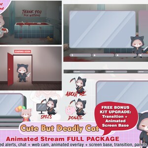paquet animé de twitch de chat minou mortel, superposition de twitch mignon, préfabriqué, panneaux, alertes, scène de webcam, écran, gothique, du sang, sang, kawaii
