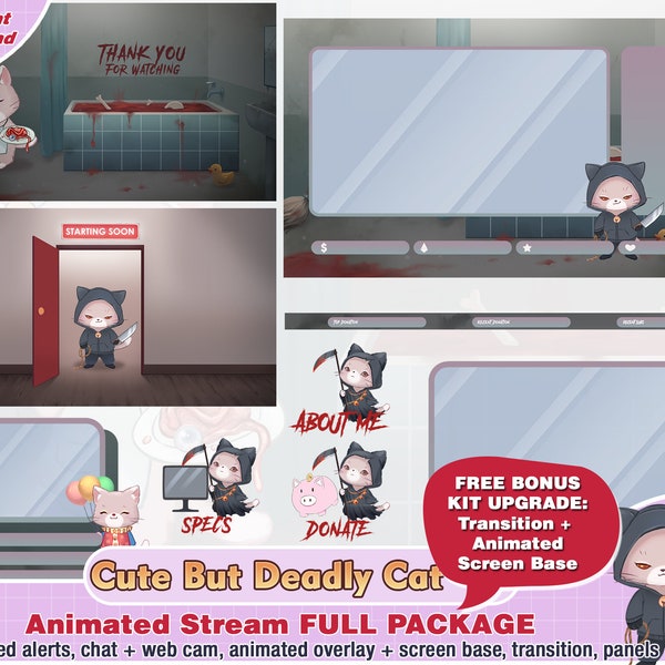 animated deadly kitty cat twitch package, cute twitch overlay, premade, panels, alerts, webcam scene, screen, gothic, blood, gore, kawaii