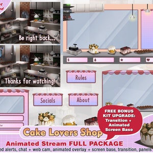animated cake shop twitch package: cam twitch overlays, panels, alerts, webcam, stream, cute, kawaii, pack, vtuber, dessert, cafe, streamer