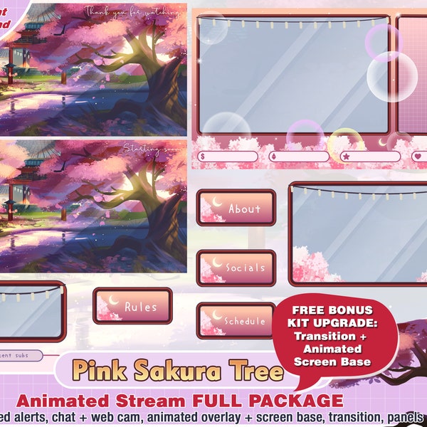 package twitch temple japonais sakura rose animé: superpositions de caméras twitch, panneaux, alertes, webcam, transition, pack streamer, superposition de flux