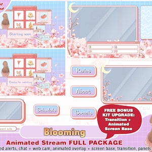 Animated blossom bloom girl twitch package, kawaii twitch overlays, panels, alerts, cute overlays, streamer pack, moon flower stream overlay