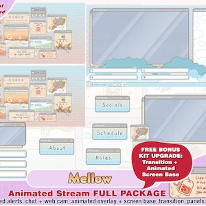animated mellow vibe twitch package, kawaii twitch overlays, twitch panels, stream alerts, streamer pack, twitch gray, game, webcam, love