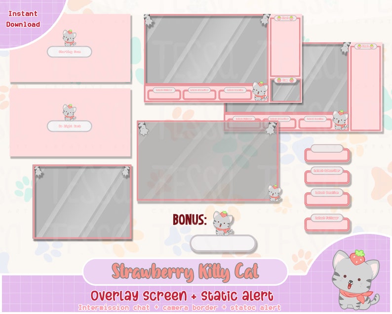 kitty kat aardbei twitch live camera overlay, pink stream scherm, twitch pauze webcam, Twitch Esthetisch roze, game overlay grens afbeelding 1