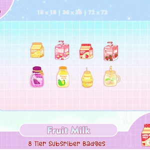 fruit melk twitch badges, schattige twitch sub badge, twitch subs badges, twitch badges, kawaii subs badges twitch, bit badge streamer youtube fb