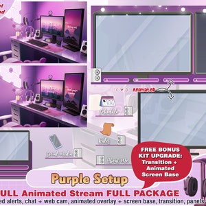 animated purple stream twitch package, cute twitch overlay, twitch panels, alerts, room overlay, streamer pack, twitch layout, cool pc setup