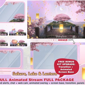 animated cute pink sakura lake lantern twitch package for streamer to stream on twitch overlays, panels, alerts, webcam transition chat game