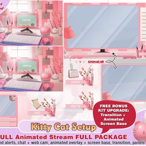 paquete de contracción de configuración de gatito rosa animado, linda superposición de contracción, estética, paneles, alertas, superposición de sala, cámara web, paquete de transmisión, transmisión