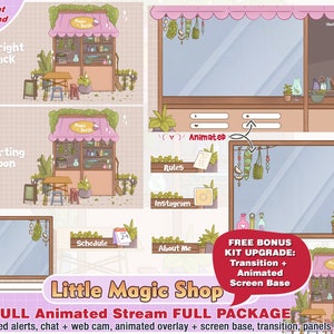animated cute kawaii magic wizard shop full twitch package for streamer pack to stream : twitch overlays, panels, alerts, webcam, transition