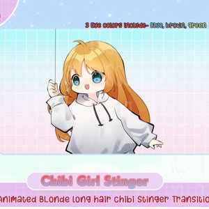 animated cute blonde long hair chibi girl twitch transition scene, animate stinger, stinger transition obs streamer twitch transition custom