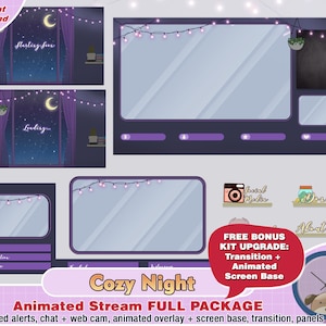 animated cozy room twitch package, kawaii twitch overlay, aesthetic dark, light bulb, panels, alerts, web cam, stars, moon, window, screen