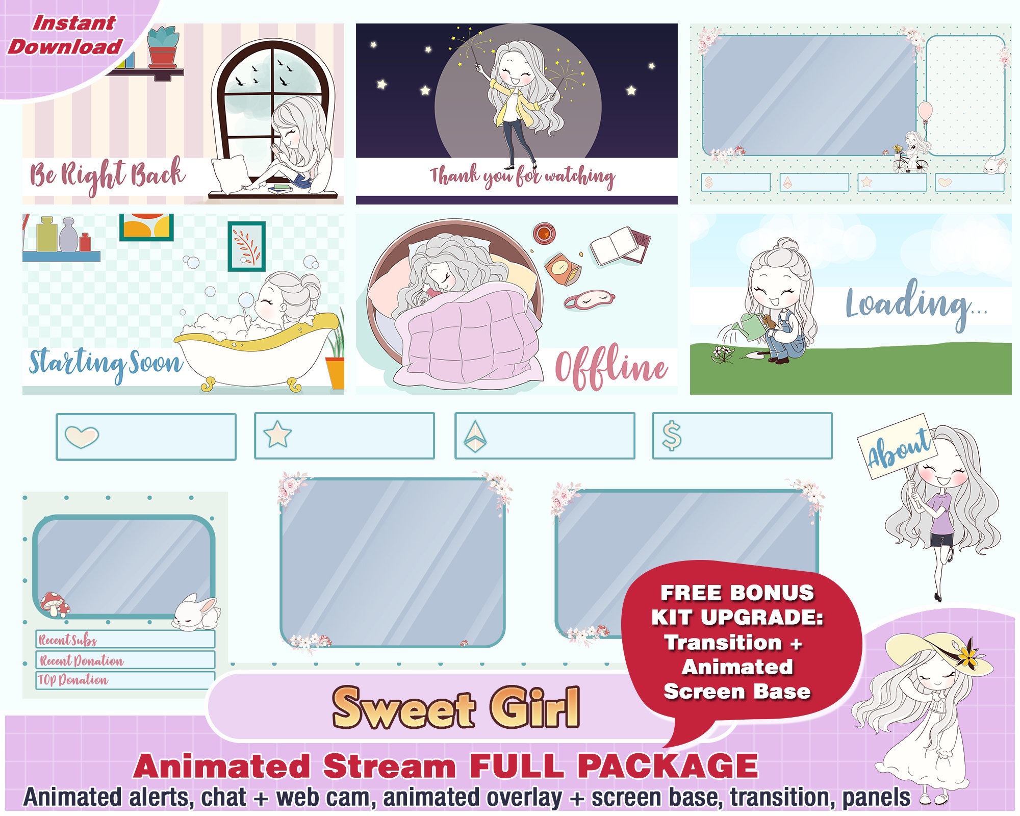 sweet chibi girl twitch package, cute twitch overlay, chibi twitch panels, twitch alerts, girl animated overlays, chibi twitch, chibi alerts