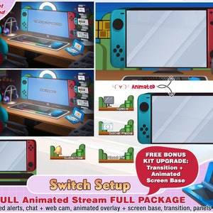 animated console switch setup twitch package, cute twitch overlays, panels, alerts, room overlay webcam game boy, red, streamer pack, stream