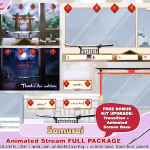 animiertes Samurai Twitch Paket, Cam Twitch Overlay, Twitch Panels, Twitch Alarme, Webcam, Szene, Zwietracht, japanisch, chinesische Laternennacht