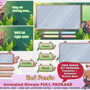 red panda twitch package, cute twitch overlay, twitch panels, twitch alerts, animated twitch pack, cam overlay, streamer pack, cute panda