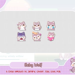 cute baby wolf basic twitch emotes, cute twitch emote, discord, hi, sad, angry, hype, love, pat, discord emote, youtube, facebook, kawaii