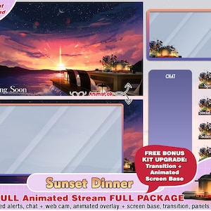 Kit de package de flux Twitch animé au coucher du soleil, comprend des superpositions de flux Twitch, des panneaux, des alertes, une webcam, un chat, un jeu, en direct 2d, youtube en direct