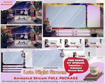 animated late night stream twitch package, cute twitch overlay, aesthetic, panels, alerts, coffee overlays, sky, cloud, simple, webcam scene
