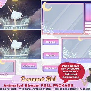 animated moon crescent girly twitch package: kawaii twitch overlays, panel, alerts, chat, obs, stream pack, chibi, sea, stars, streamer, fb