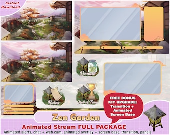 animated zen garden twitch package, cute twitch overlay, aesthetic, panels, alerts, webcam scene, screen, calm, scenery, discord, youtube