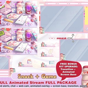 geanimeerd snackspel chocolademelk twitch-pakket, schattige twitch-overlay, panelen, waarschuwingen, overlays, streamerpakket, streaming-indeling, youtube