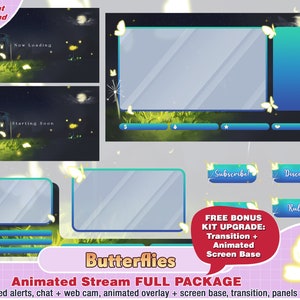 animated butterfly twitch package, camera twitch overlay, twitch panels, twitch alerts, night, dark, webcam, scene, discord, dandelion, moon