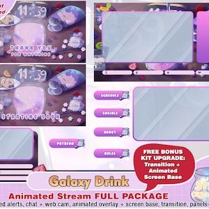 Geanimeerd Galaxy Milk Twitch-pakket, kawaii Twitch-overlay, panelen, waarschuwingen, schattige overlays, streamerpakket, stream-overlay, nacht, vtuber cam