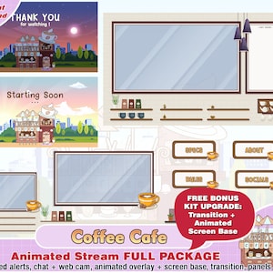 animiertes Kaffee Cafe Twitch Paket, Kamera Twitch Overlay, Twitch Panels, Twitch Warnungen, süße Cafe Overlays, kawaii, Getränk, einfach, modern