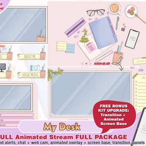 Animated lofi study my desk cute twitch overlay package for youtube streamer to stream: overlays, webcam border, game, chat, panels, alerts