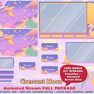 Animated crescent moon pink twitch package, kawaii twitch overlays, panels, alert, cute overlays, streamer pack, cam overlay, celestial star