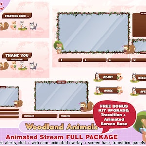Pacote animado de contração de animais da floresta, sobreposição de contração kawaii, painéis, alertas, sobreposições fofas, pacote de streamer, jogos, floresta, web cam, brb