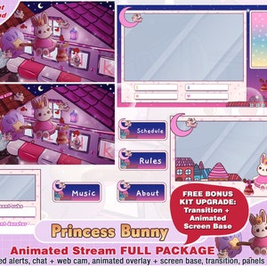 Animated princess bunny twitch package, kawaii twitch overlay, panels, alerts, cute overlays, streamer pack, webcam, stream, halloween, pink