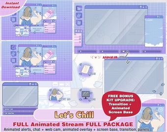animated chill purple pc twitch package: kawaii twitch overlays, panel, alerts, streamer pack, webcam layout cute youtube streaming, layout