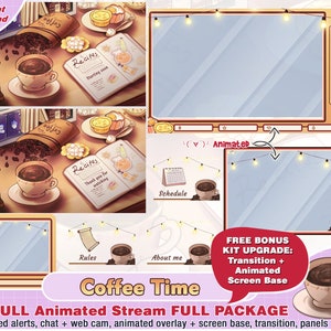 animated coffee break twitch package for streamer to stream: cute twitch overlay, panels, alerts, cafe overlays, webcam, transition, layout