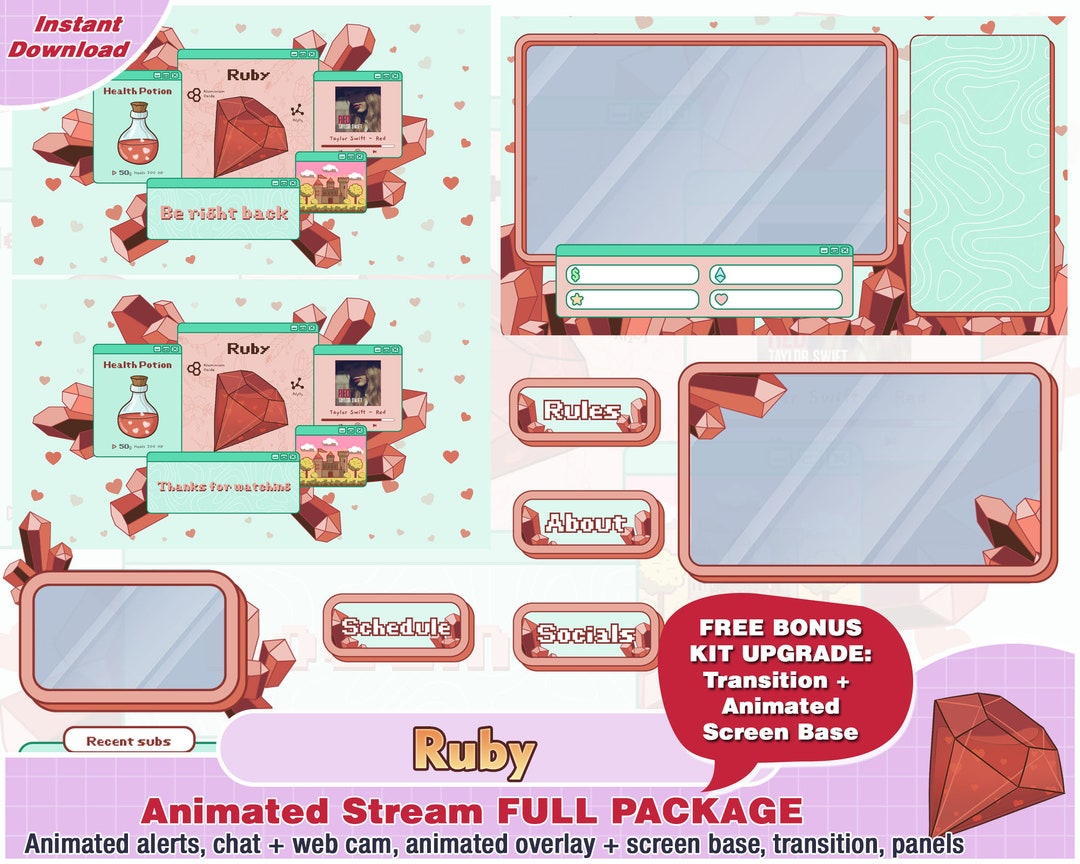 Animated Ruby Crystal Red Twitch Package: Twitch Cute Cam Overlays ...