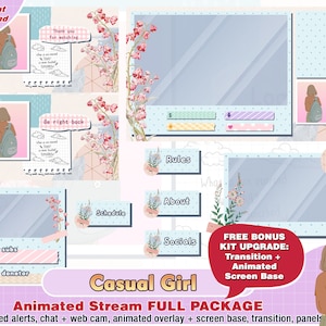 animated casual girly twitch package: kawaii twitch overlays, cute stream panels alerts streamer pack, korean style cam overlay, face webcam