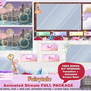 animated fairytale twitch package, camera twitch overlay, twitch panels, twitch alerts, princess, webcam, scene, discord, shoes, cute castle