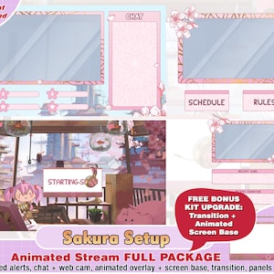 Configuration animée de Sakura Stream PC Package | Superposition Twitch, Panneaux, Alertes, Webcam, Scène, Streamer Pack, superposition en direct youtube, superposition live2d