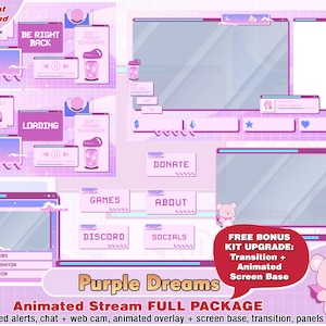 animated purple dream twitch package, kawaii twitch overlay, twitch panels, twitch alerts, cute animated overlays, streamer pack, stream cam
