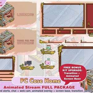 animated room pc case twitch package, cute twitch overlay, aesthetic, panels, alerts, webcam scene, noise, pastel, discord, stream webcam