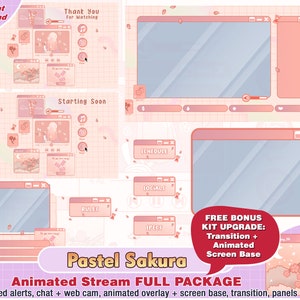 animated pastel sakura twitch package, kawaii twitch overlays, twitch panels, stream alerts, streamer pack, webcam, vtuber, cute twitch pack