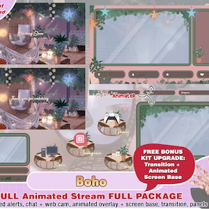 animated boho plant lover room twitch package, cute twitch overlay, aesthetic, panels, alerts, fb overlays, stream pack, pillow, relax, calm