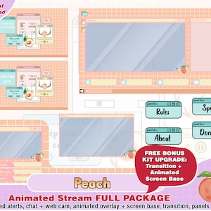 Animated peach windows pc twitch package, kawaii twitch overlay, panels, alerts, cute overlays, streamer pack, aesthetic, computer, web cam